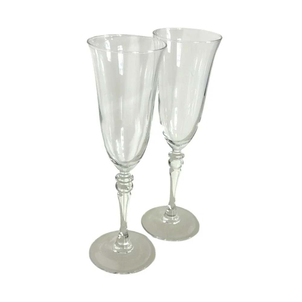 Vintage Clear Crystal Champagne Flutes Pair Trumpet Bowl Baluster Stem Glasses 2